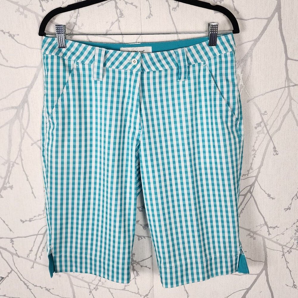 Maggie Lane Green Gingham Stretch Twill Mid Rise Golf Shorts